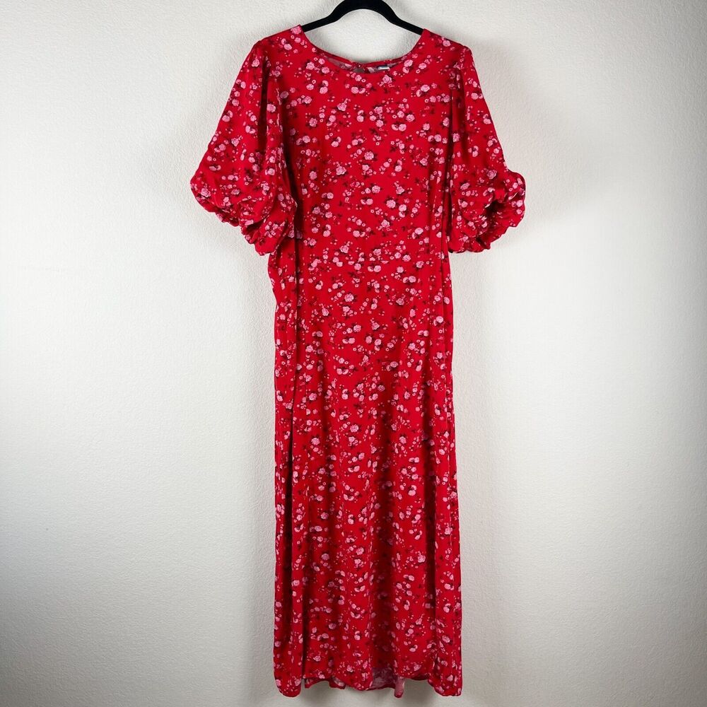 Old Navy Floral Maxi Dress Womens XXL Tall Red Puff Sleeve Open Back Front Slit - Picture 3 of 15